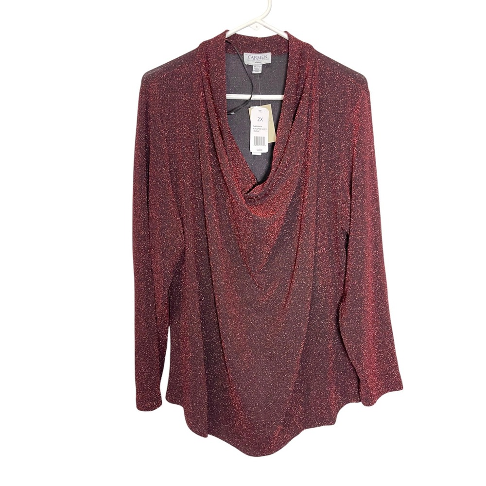 Carmen Marc Valvo 2X Red Black Lurex Cowl Neck Top Shimmer Holiday Glam Blouse